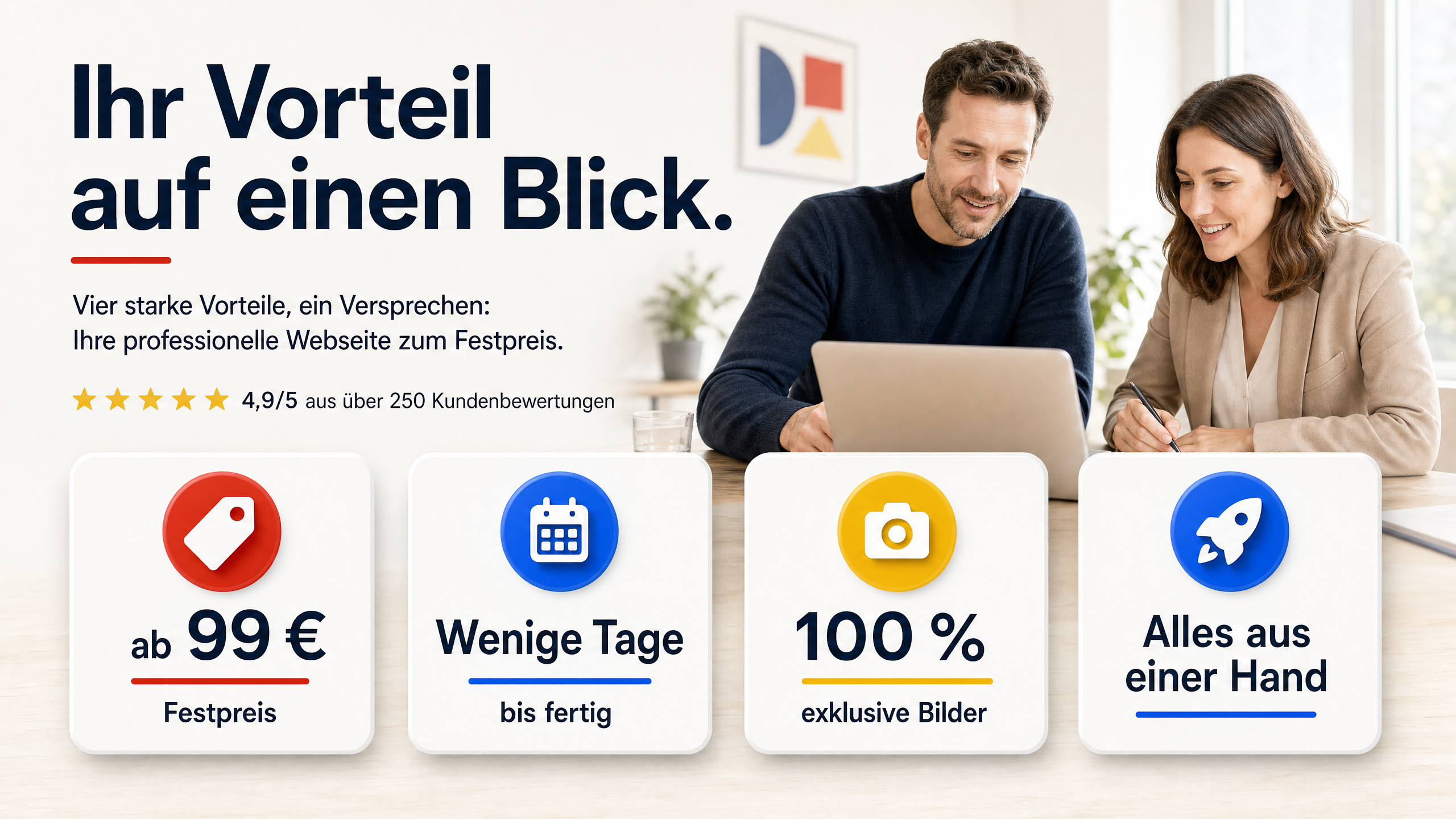 VEYOX – Belege und Vorteile: Festpreis, exklusive Bilder, kurze Lieferzeit, professionelle Webseiten für KMU.